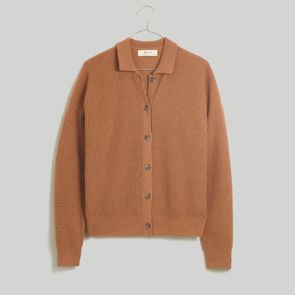 Madewell Waffle Stitch Re(sourced) Cashmere Button Front Sweater L Tan - Picture 1 of 6